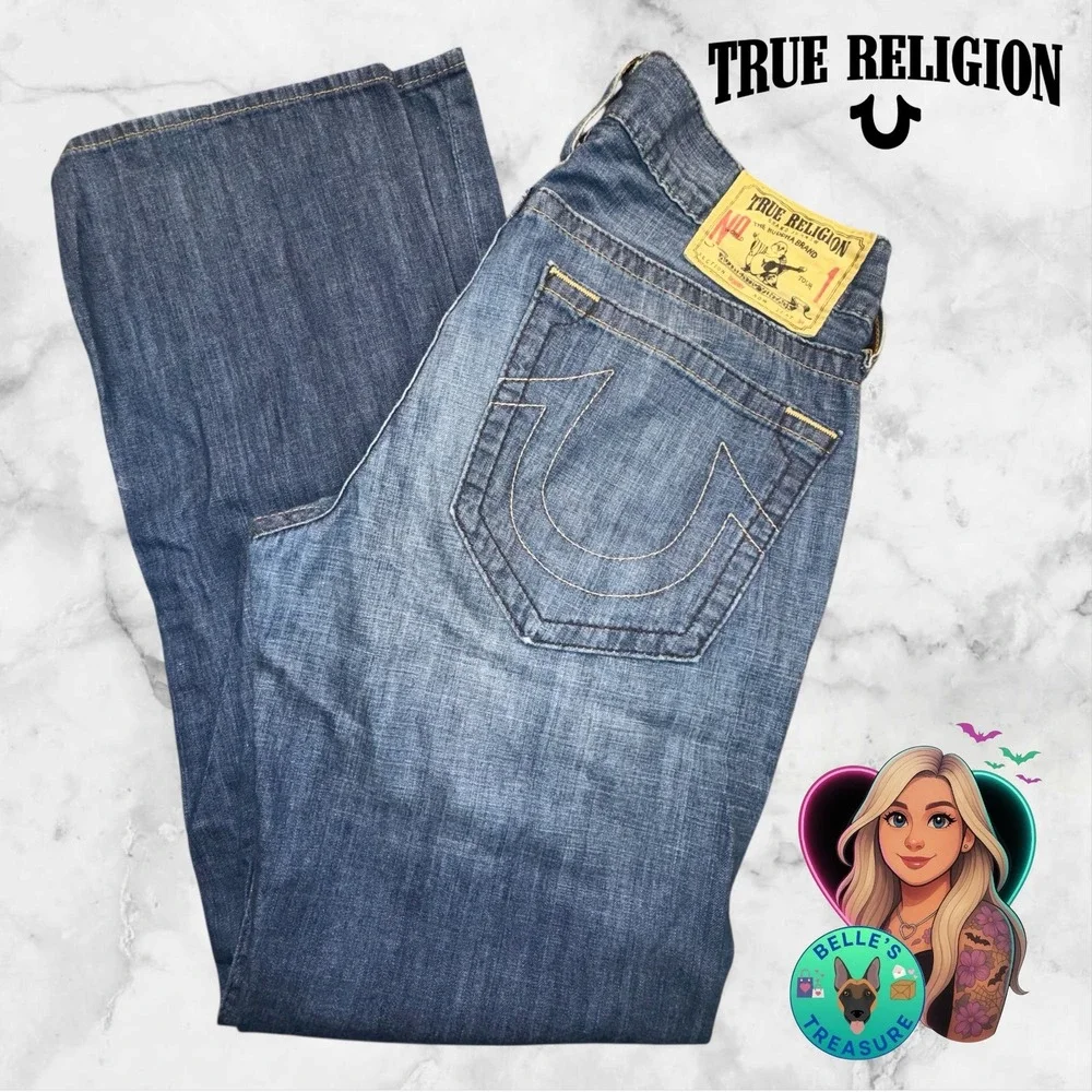 True Religion Jeans Men 34 Bobby Bootcut Loose Fit Light Wash VTG USA Logo 36x33